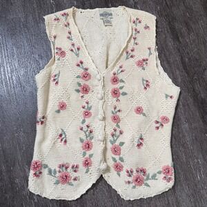 Vintage Denim Republic Knit Vest Women M Cream Floral Embroidered Grandmacore